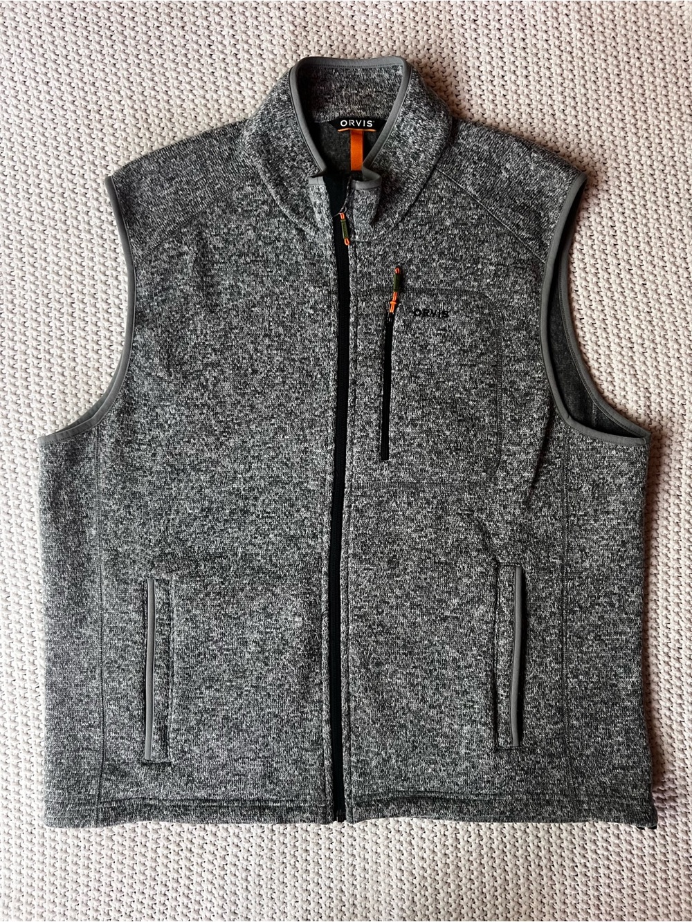 Orvis Fleece Knit Gray Heathered Sleeveless Vest Full Zip Outdoors Men’s Size XL